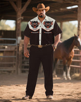 Western Denim-Men's Plus Size Dark Brown Mascot Symmetrical Printed Short Sleeve Shirt Trousers Suit